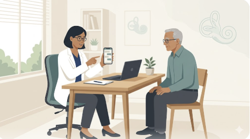 ENT specialist discussing AI chatbot for tinnitus with a patient