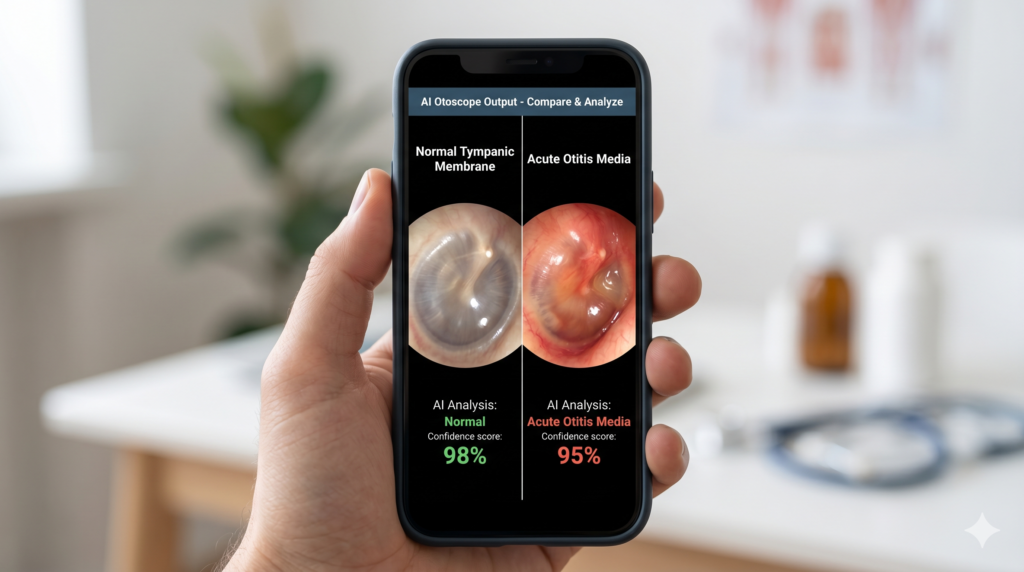 Smartphone AI otoscope output comparing acute otitis media versus normal tympanic membrane with confidence scores (AI photo)