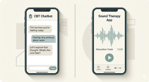 Side-by-side comparison of a CBT chatbot interface and an AI sound-therapy app
