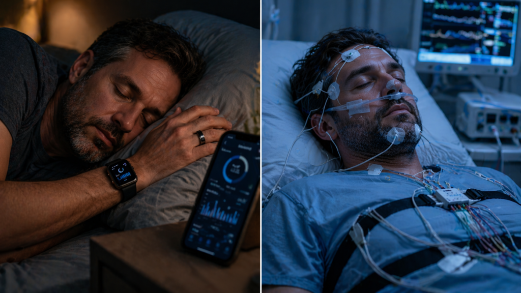 Smart ring and polysomnography sensors side by side — wearable AI vs sleep lab comparison