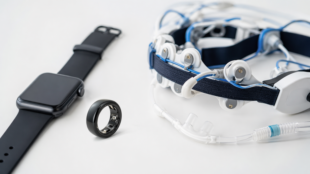 Smart ring and polysomnography sensors compared — wearable AI for sleep apnea screening