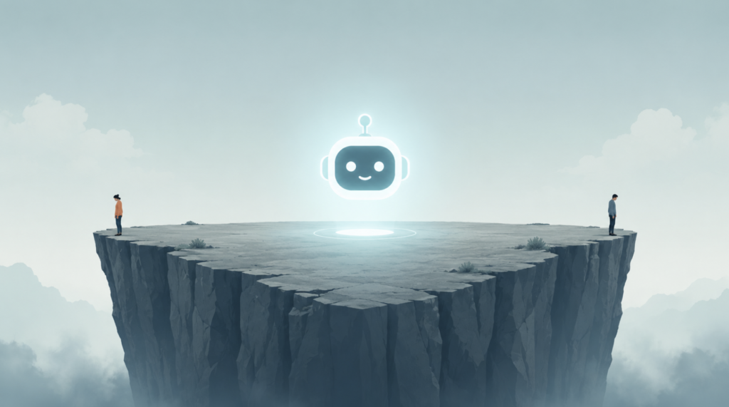 Conceptual illustration of an AI chatbot standing safely on a flat central plateau while patient figures stand at risk on steep cliffs at both edges, representing how LLM triage performs well on ordinary cases but collapses at the extremes of true emergencies and clearly benign complaints.