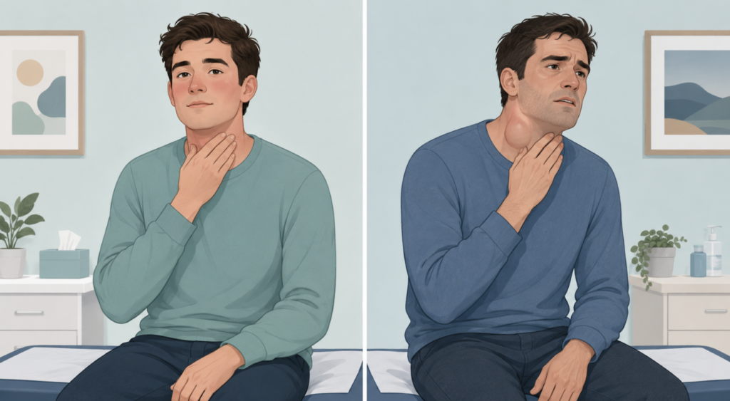 Side-by-side comparison of two patients with the same three-day sore throat — the left showing a mild viral pharyngitis, the right showing red flags of a deep neck infection such as one-sided neck swelling — illustrating that identical chief complaints diverge entirely on physical findings.