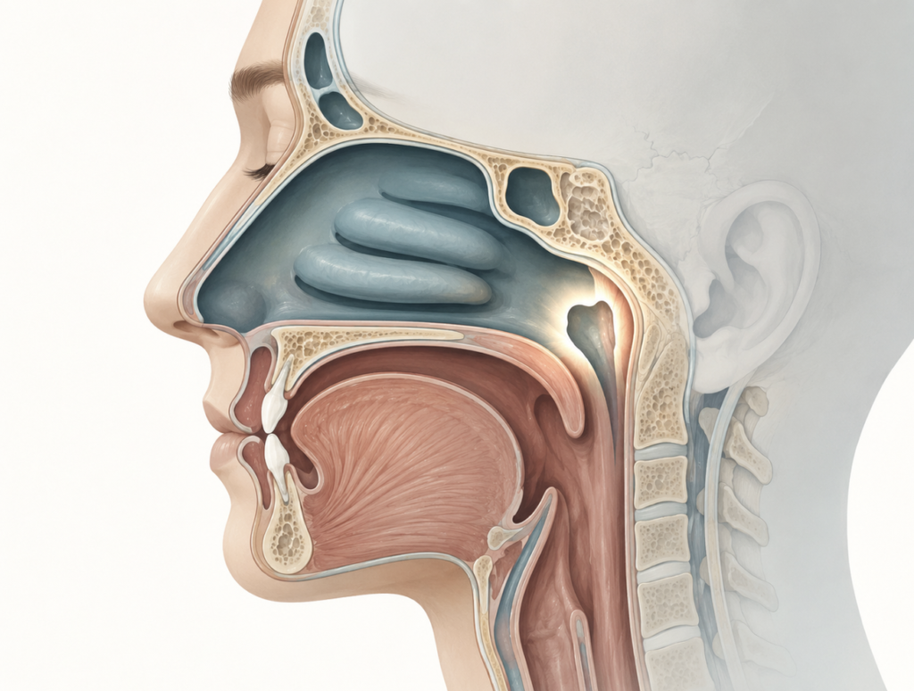 Side-profile anatomical cross-section showing the nasopharynx tucked at the back of the nasal cavity above the soft palate, a concealed region that is difficult to inspect during endoscopy and where early nasopharyngeal carcinoma often hides.
