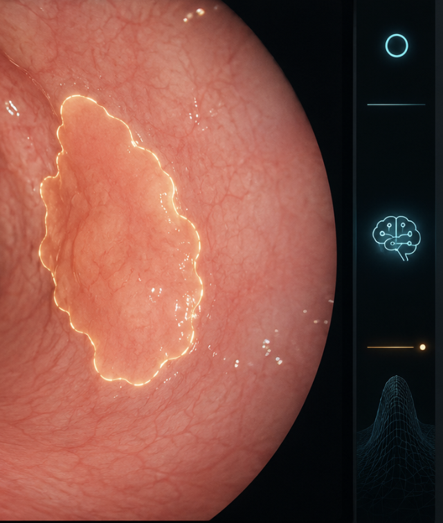 Endoscopic video frame with an AI-generated boundary outline and translucent overlay marking a subtle suspicious lesion on the mucosal surface, illustrating real-time detection and pixel-level tumor segmentation during nasal endoscopy.