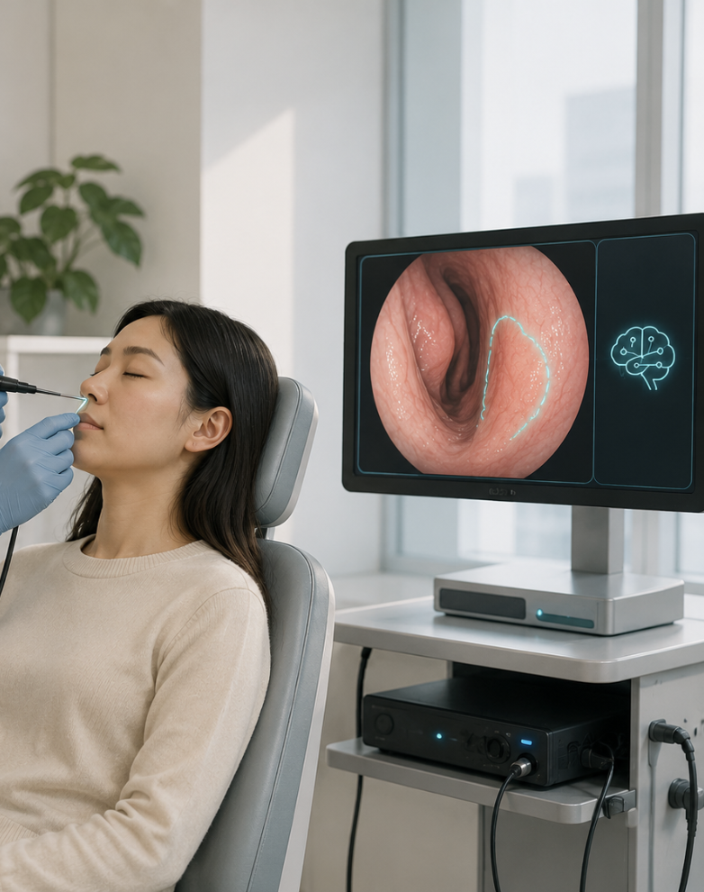 An ENT specialist performing nasal endoscopy while a monitor shows the live feed with an AI highlight overlay, depicting AI as a real-time second reader that augments the clinician's judgment rather than replacing it.