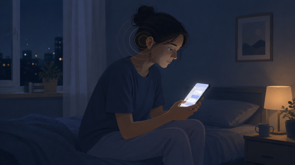 A person using a smartphone chat app alone in a dimly lit bedroom at night, illustrating an AI CBT chatbot offering tinnitus support outside clinic hours as a supplement to ENT care.