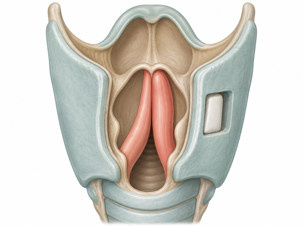 Anatomical illustration of medialization (Type I) thyroplasty showing an implant placed through a window in the thyroid cartilage to push a thinned, bowed vocal fold toward the midline and close the glottic gap.