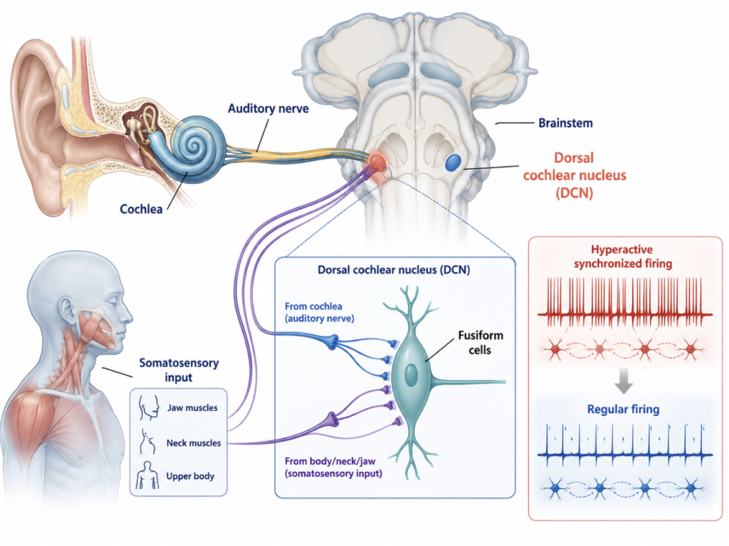 Diagram of tinnitus bimodal stimulation acting on the dorsal cochlear nucleus to quiet hyperactive neurons that cause tinnitus