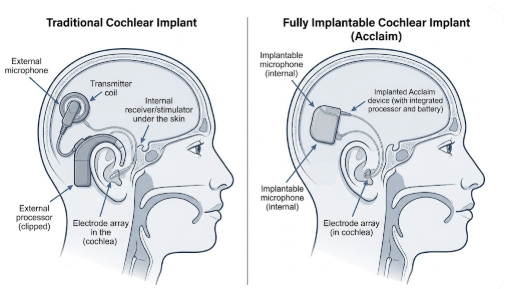 Traditional cochlear implant vs fully implantable Acclaim CI diagram