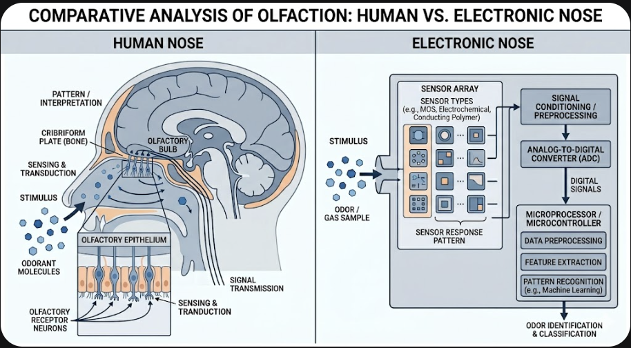 Diagram comparing human olfactory receptor pathway and AI electronic nose sensor array