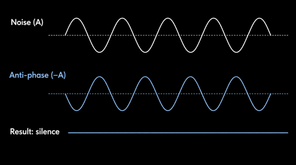 Diagram showing wave A plus anti-phase wave cancelling to zero amplitude — destructive interference