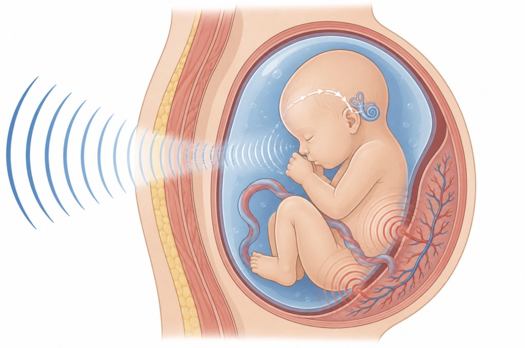 Cross-section diagram showing sound wave pathways through amniotic fluid to fetal inner ear via bone conduction