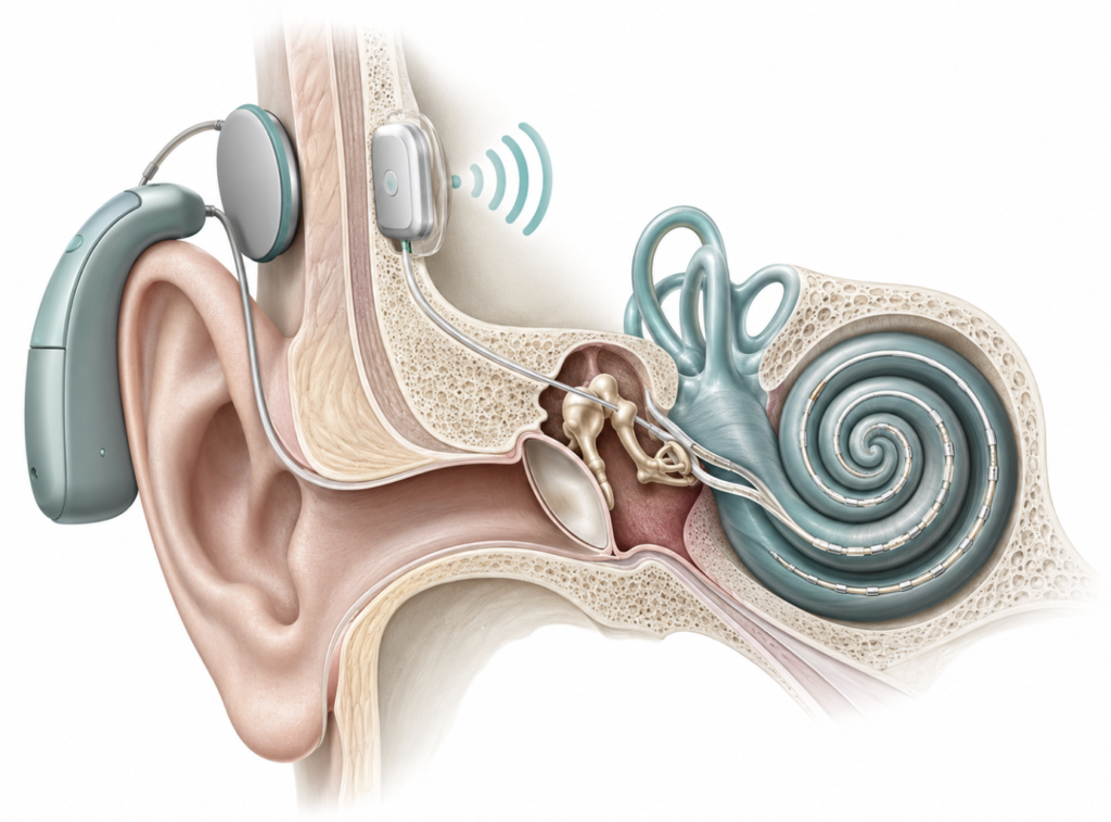 cochlear implant brain device interface illustration