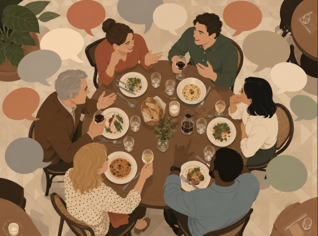 hearing aid user struggling in noisy restaurant