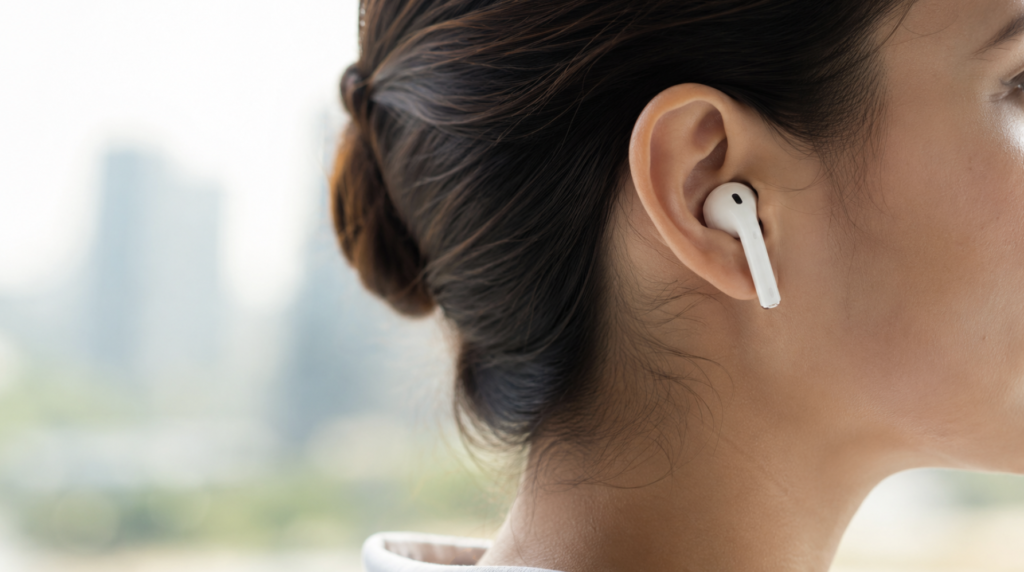 Earbud hearing loss — young adult using wireless earphones