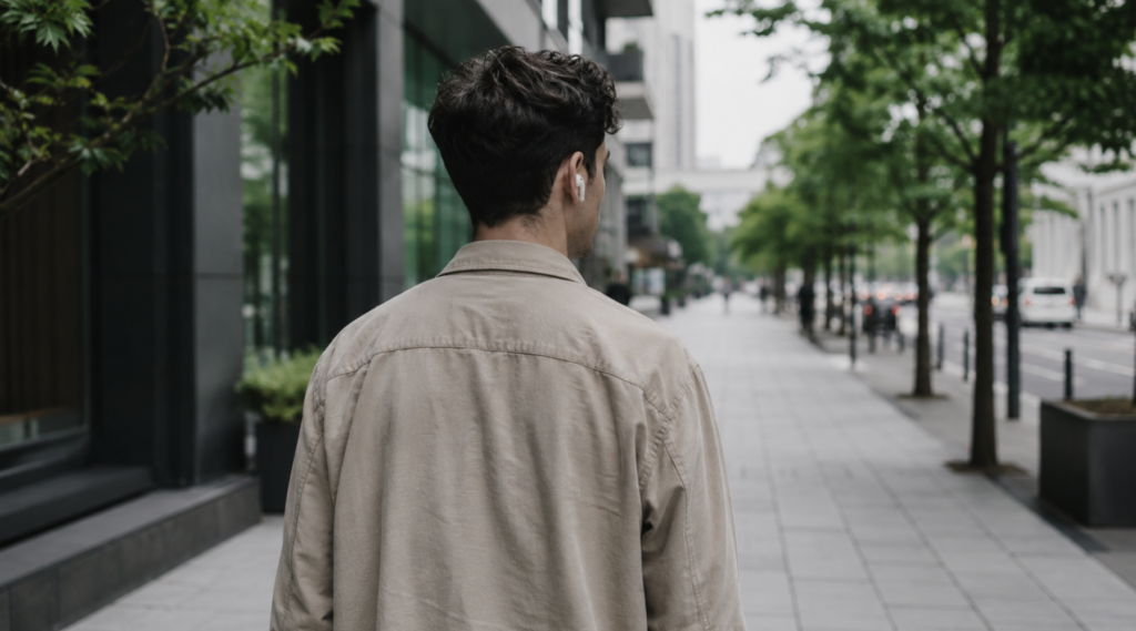 Heavy earphone user walking outdoors