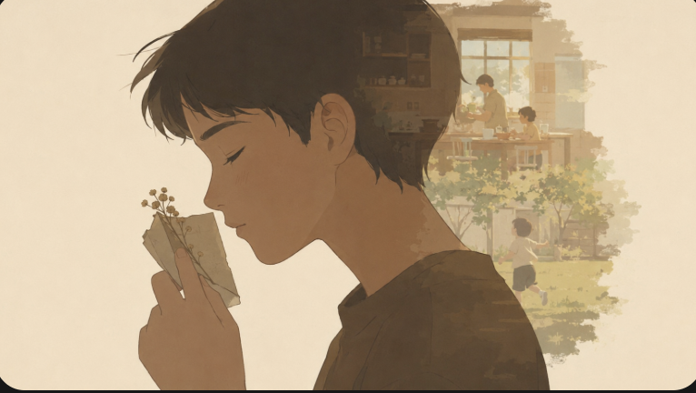 A person inhaling a scent, evoking vivid emotional memory — representing the olfaction memory connection