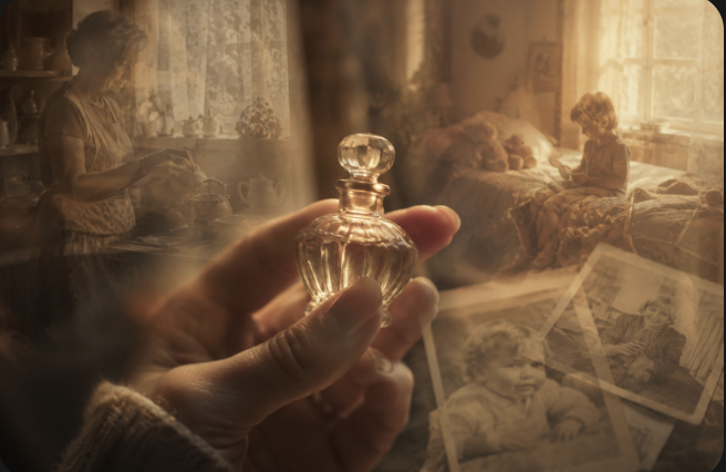 A hand holding a vintage perfume bottle as layered memory scenes from the past materialize around it