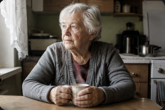 An older adult sitting quietly, unable to detect the aroma of a warm cup of tea — representing olfactory dysfunction as an early clinical sign