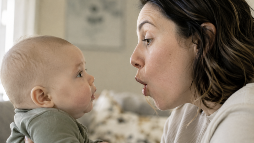 Parent and infant face-to-face, illustrating the language critical period for infant language development