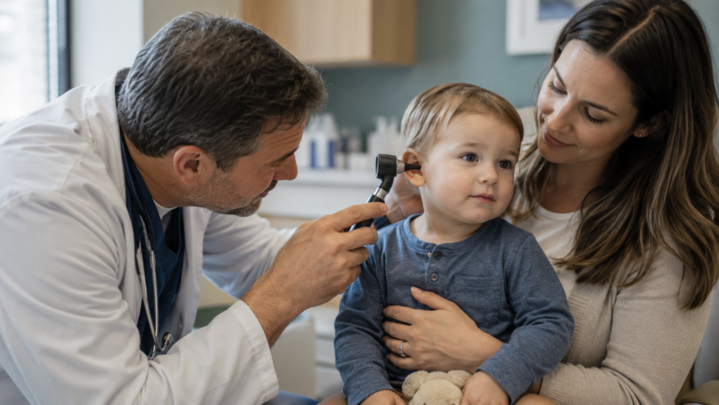 Pediatric ENT examining toddler's ear with otoscope, illustrating hearing evaluation during language sensitive period