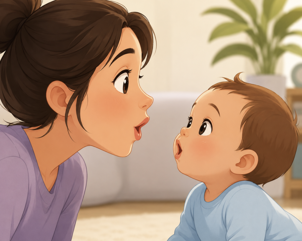 Parent using parentese with exaggerated facial expression to engage infant during language critical period