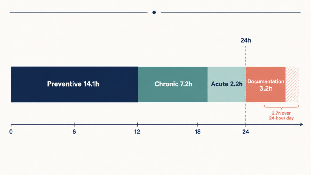 Breakdown of 26.7-hour day required to follow all clinical guidelines: 14.1h preventive, 7.2h chronic, 2.2h acute, 3.2h documentation