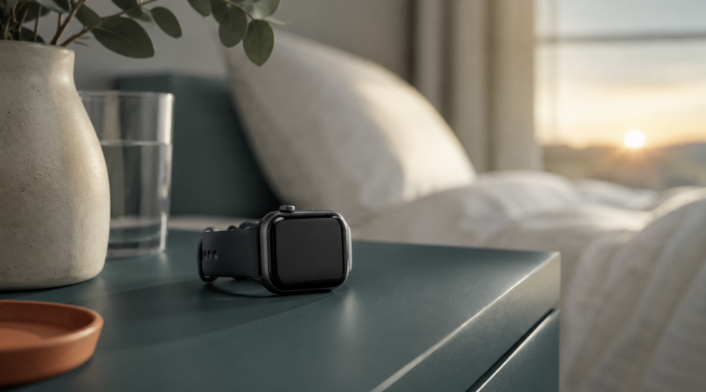 An unbranded smartwatch resting on a bedside table at dawn, illustrating the question of Apple Watch sleep apnea accuracy.