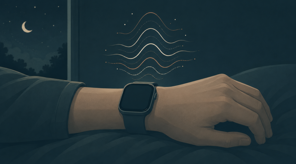 Illustration of a smartwatch on a wrist at night emitting waveform lines, representing accelerometer-estimated breathing during sleep.