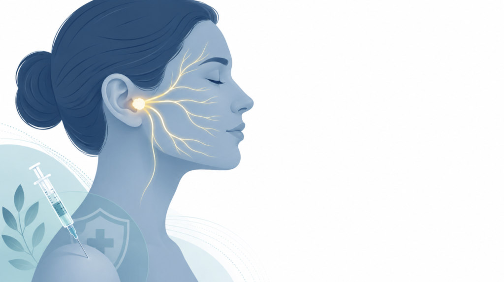 Illustration of how the shingles vaccine and hearing loss connect through the facial nerve