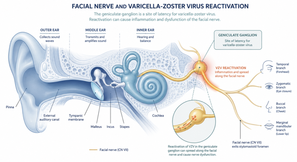 Anatomical diagram of the facial nerve and geniculate ganglion showing VZV reactivation in herpes zoster oticus