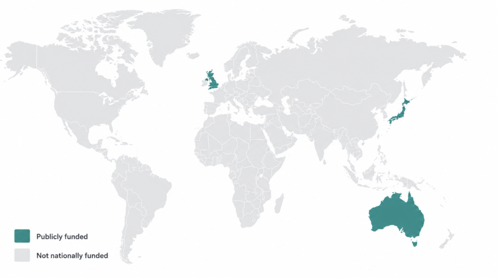 World map highlighting countries with publicly funded shingles vaccine programs