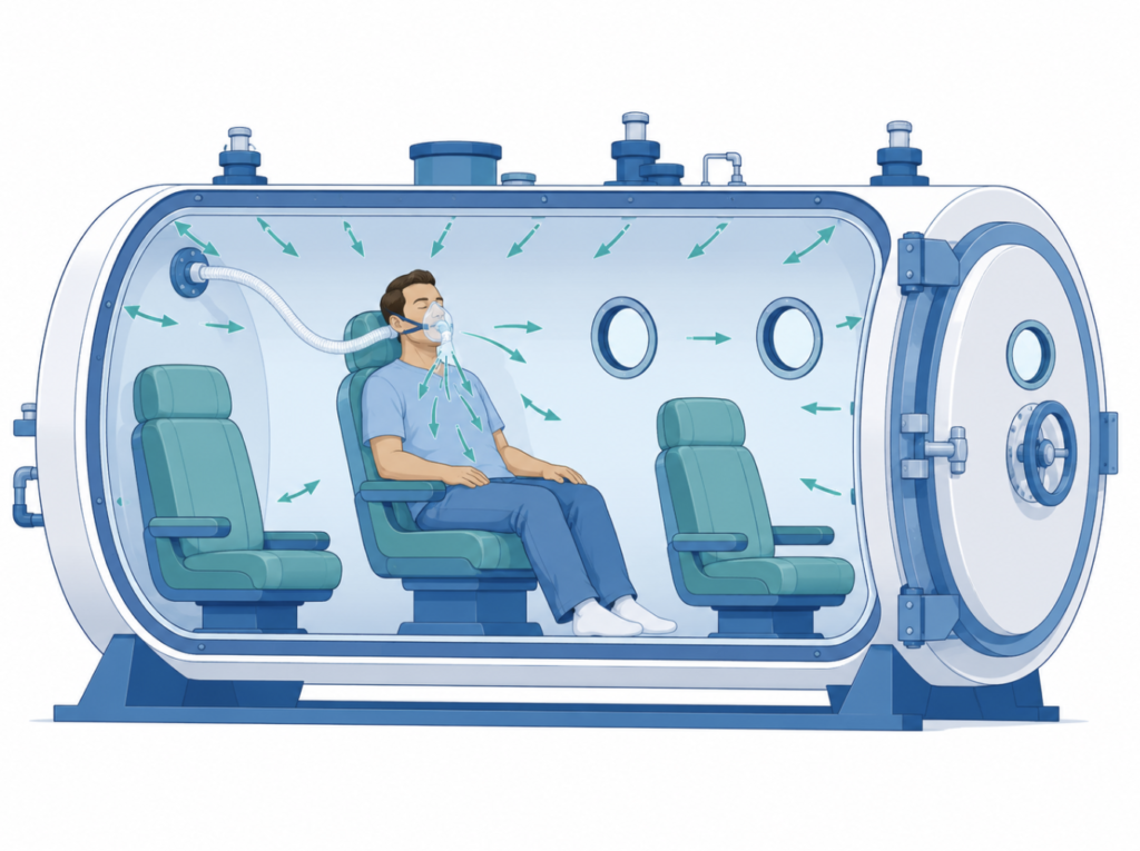 Cross-section of a hyperbaric chamber delivering 100% oxygen to a patient