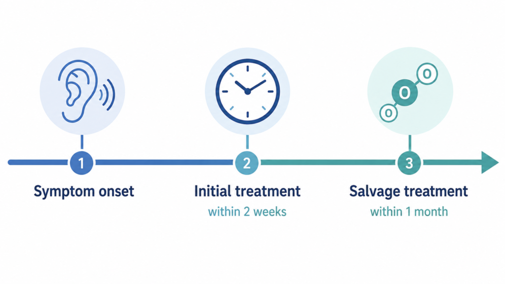 Treatment timeline for hyperbaric oxygen in sudden hearing loss: 2-week initial and 1-month salvage windows