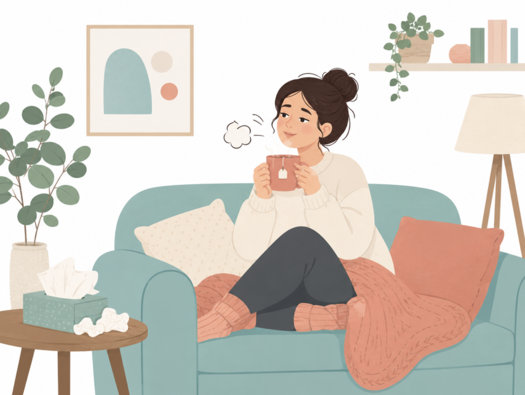 Flat illustration of a person with a cough that won't go away after a cold, resting on a couch with tea