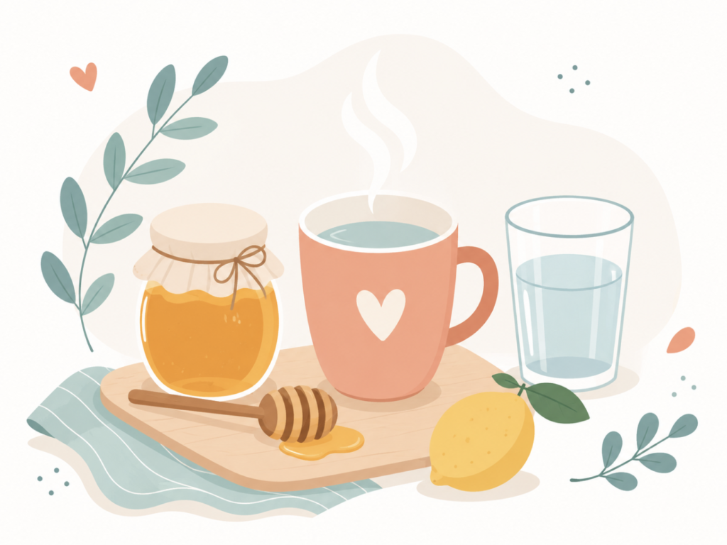 Honey, a warm drink, and water shown as gentle home remedies for a lingering cough