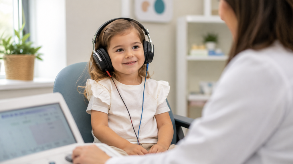 Gene therapy to restore hearing: a young deaf child smiling during a hearing evaluation