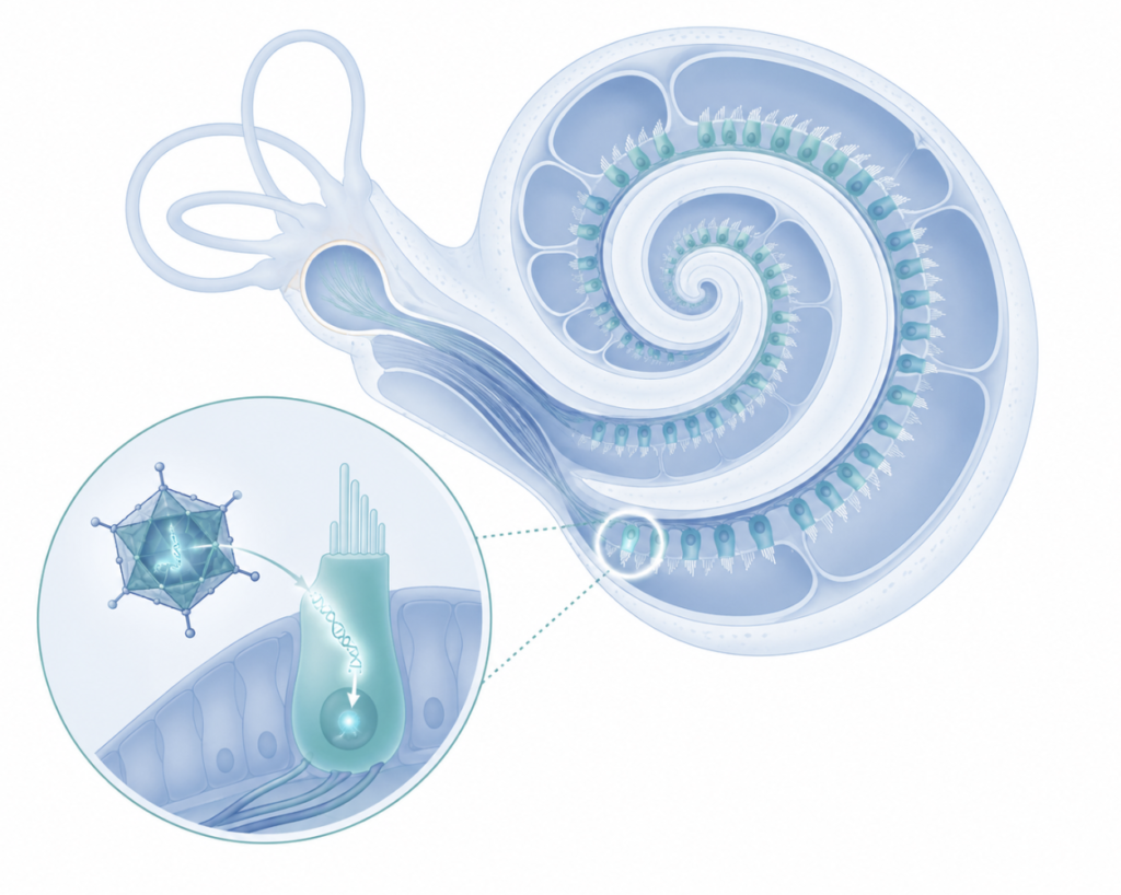 Diagram of AAV1-hOTOF gene therapy delivering a working OTOF gene to inner ear hair cells