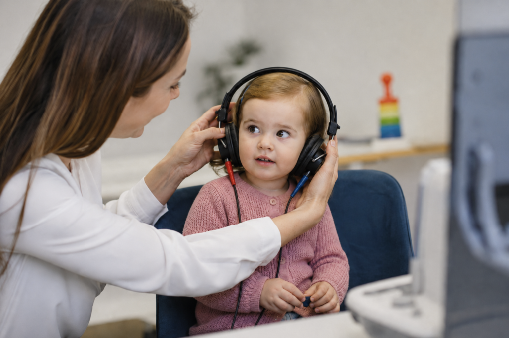 A young child undergoing a hearing evaluation with an audiologist