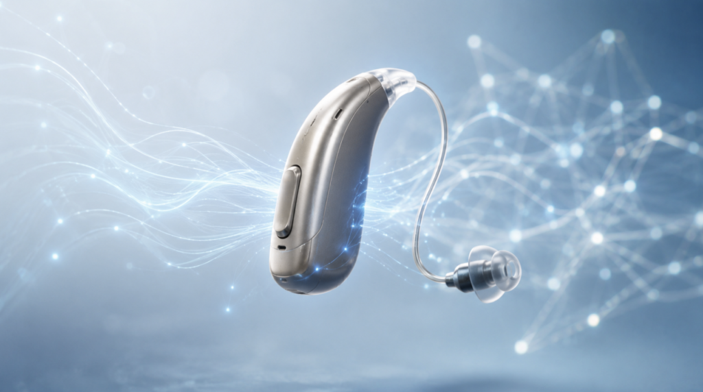 AI hearing aids 2026 — modern receiver-in-canal device