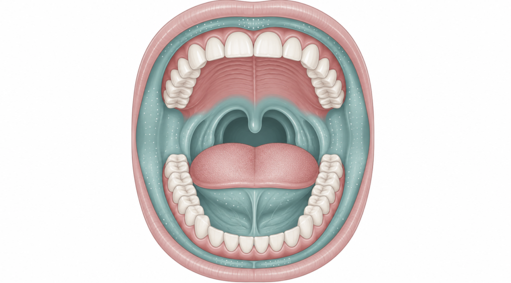 Map of oral cavity showing nonkeratinized mucosa where aphthous ulcers can form