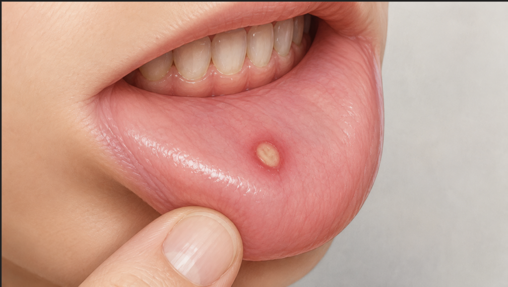 Minor aphthous ulcer on inner lower lip