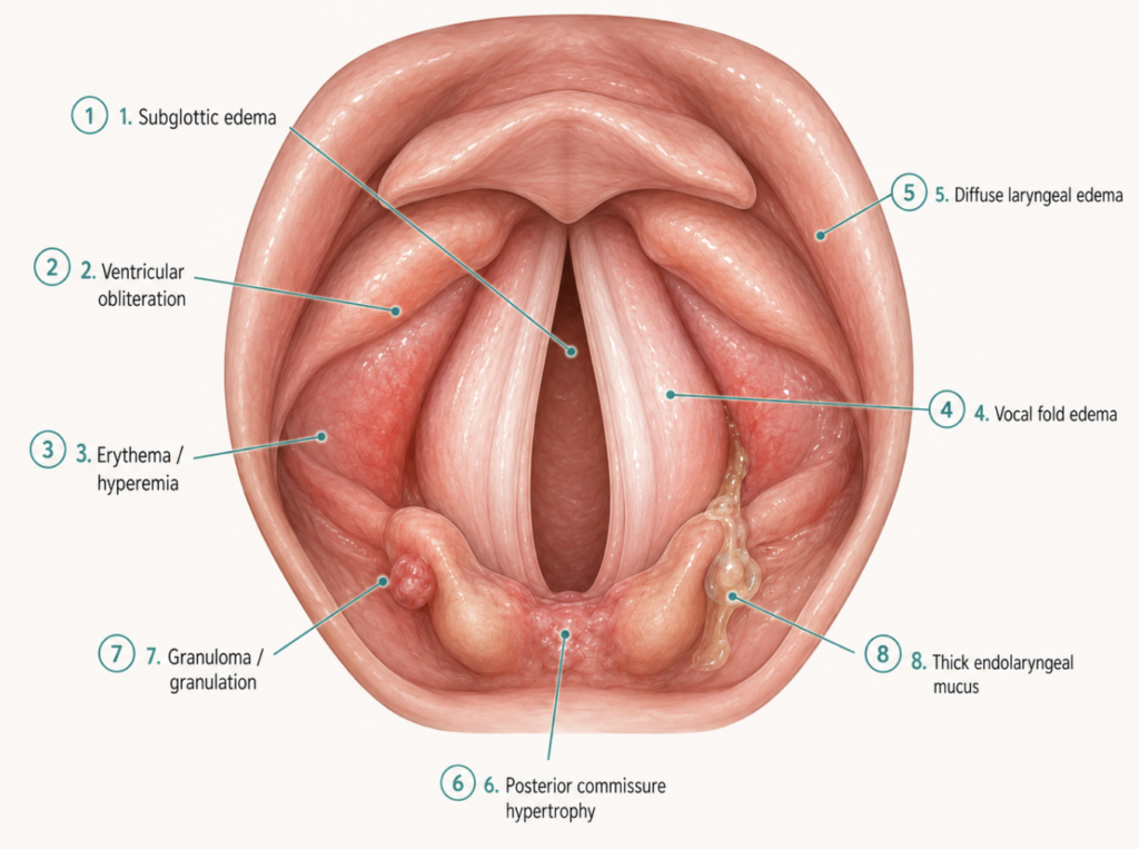 Annotated laryngoscopy showing the eight Reflux Finding Score items including subglottic edema and posterior commissure hypertrophy