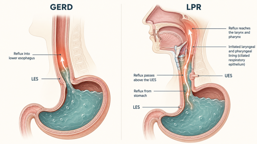 Anatomical illustration of GERD versus LPR reflux pathway showing lower and upper esophageal sphincters