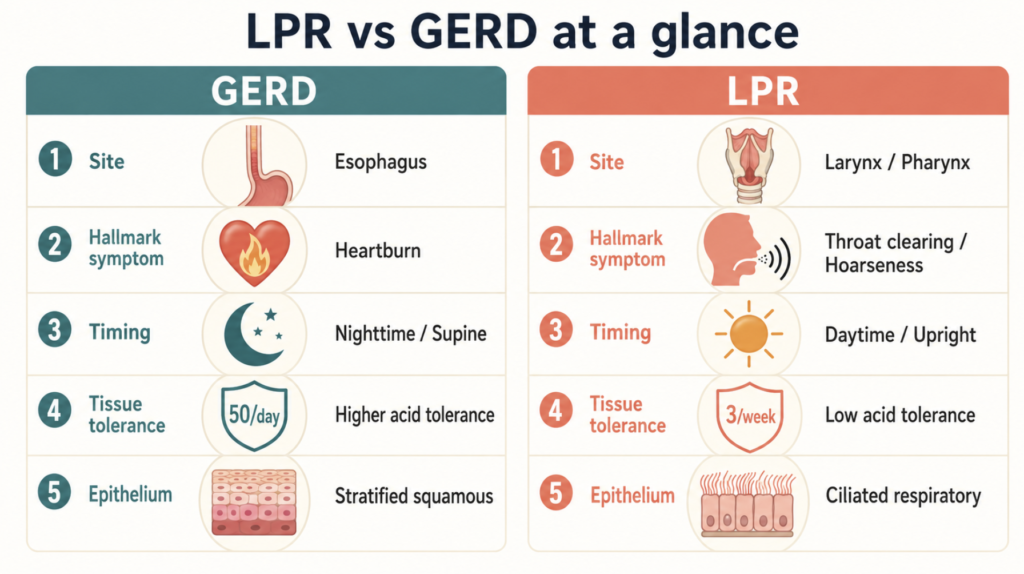 Comparison infographic of LPR versus GERD differences in site, symptoms, timing, and tissue tolerance