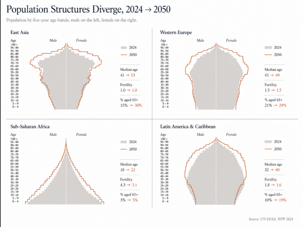 A side-by-side comparison of population pyramids for four representative regions in 2024 and 2050: East Asia, Western Europe, Sub-Saharan Africa, and Latin America.