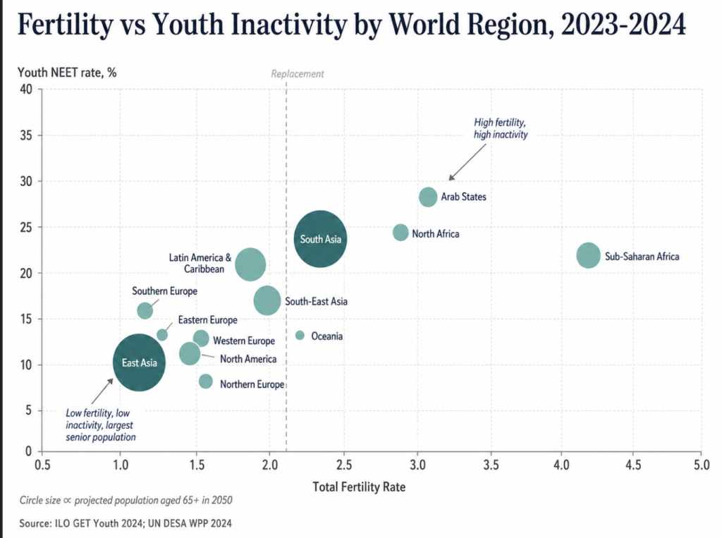 A scatter plot showing total fertility rate against youth NEET rate for major world regions, with regions sized by population aged 65 and older in 2050.