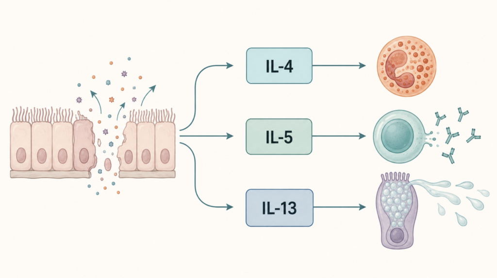 Diagram of type 2 inflammation pathway showing IL-4, IL-5, and IL-13 cytokines
