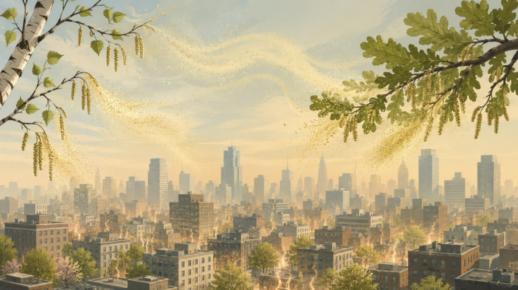Korea 2026 pollen allergies: Illustration of birch and oak trees releasing pollen clouds over a warm urban skyline, depicting how the urban heat island effect and climate change intensify spring pollen seasons.